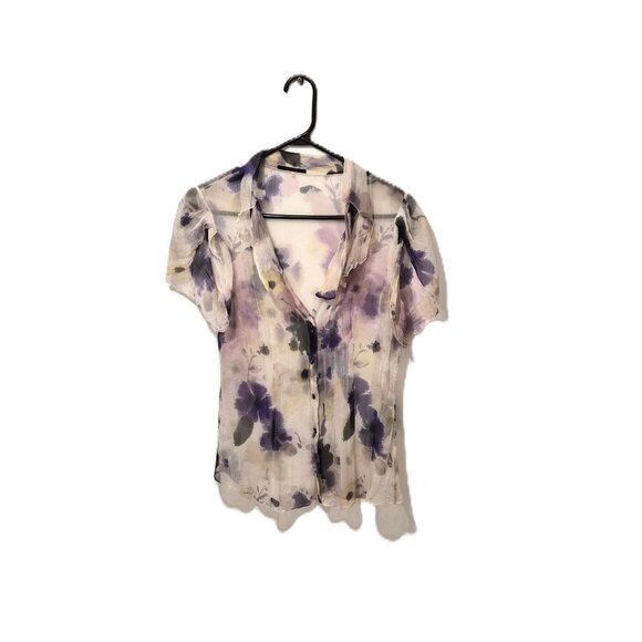 VTG Elie Tahari Silk Blouse Sheer Iris Floral Volant Front M Ethereal Y2K Romant - Picture 2 of 7